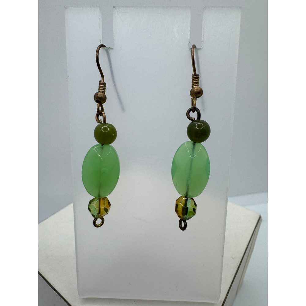 Handmade Green Beaded Drop Earrings Antique Bronze Fishhook Dangle Boho Jewelry